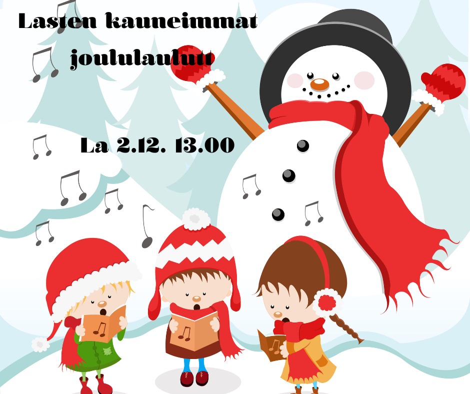 Piirroskuva, jossa taustalla lumiukko, edessä kolme lasta laulamassa