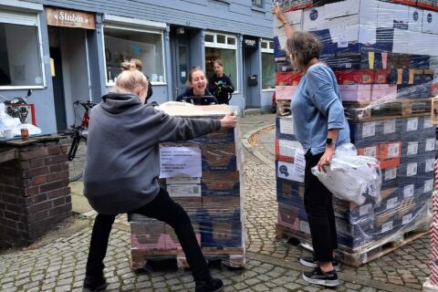 Kaksi nuorta yrittävät saada liikkeelle eurolavallista laatikoita.